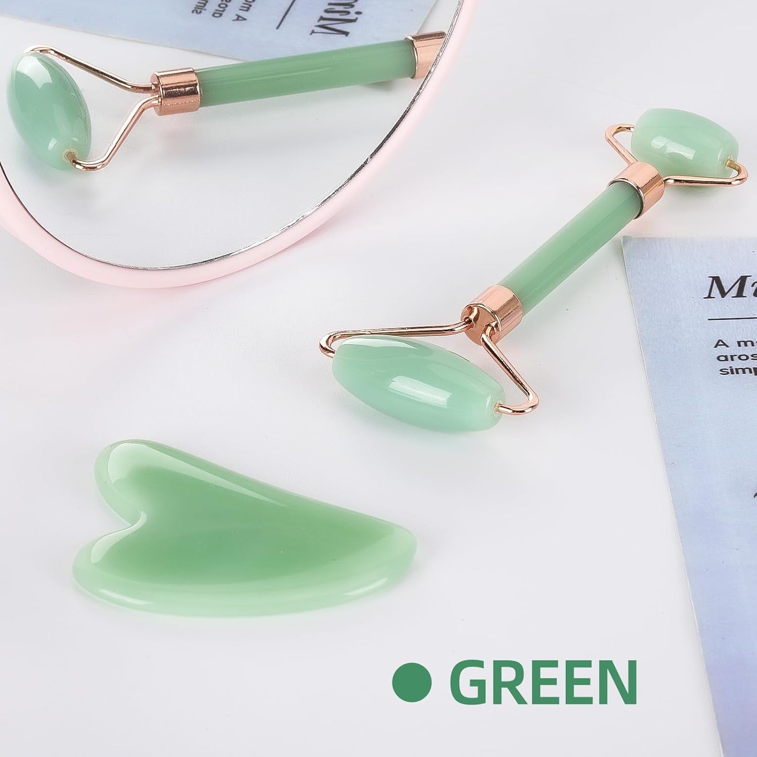 2 Pieces Gua Sha and Jade Roller Facial Tool, Facial Tools Face Roller and Gua Sha Set for Skin Care Routine and Puffiness, Face Sculpting Tool