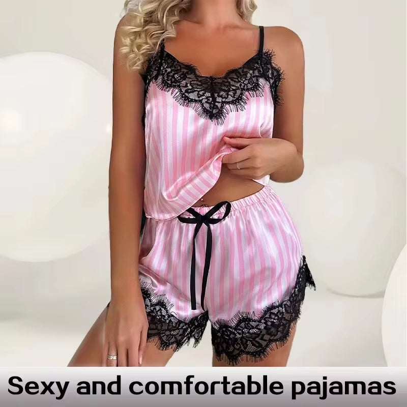 Two Piece Women'S V-Neck Sexy Lace Suspender Pajama Shorts Set Casual Women'S Sleeveless Sexy Pajama Set