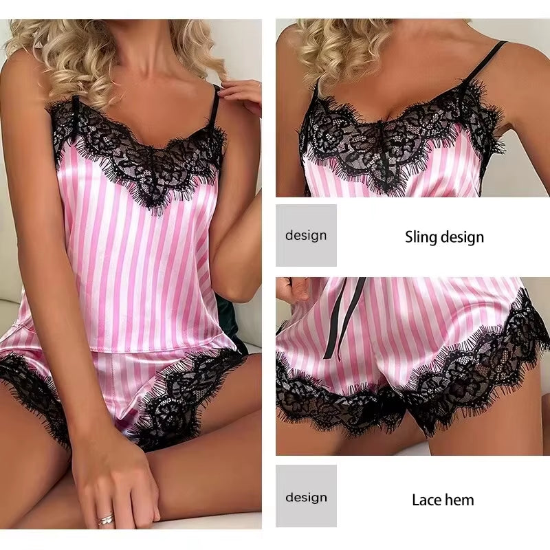 Two Piece Women'S V-Neck Sexy Lace Suspender Pajama Shorts Set Casual Women'S Sleeveless Sexy Pajama Set