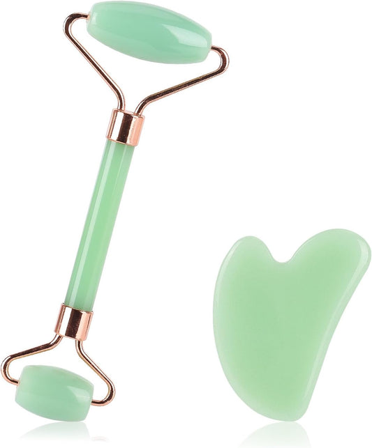 2 Pieces Gua Sha and Jade Roller Facial Tool, Facial Tools Face Roller and Gua Sha Set for Skin Care Routine and Puffiness, Face Sculpting Tool