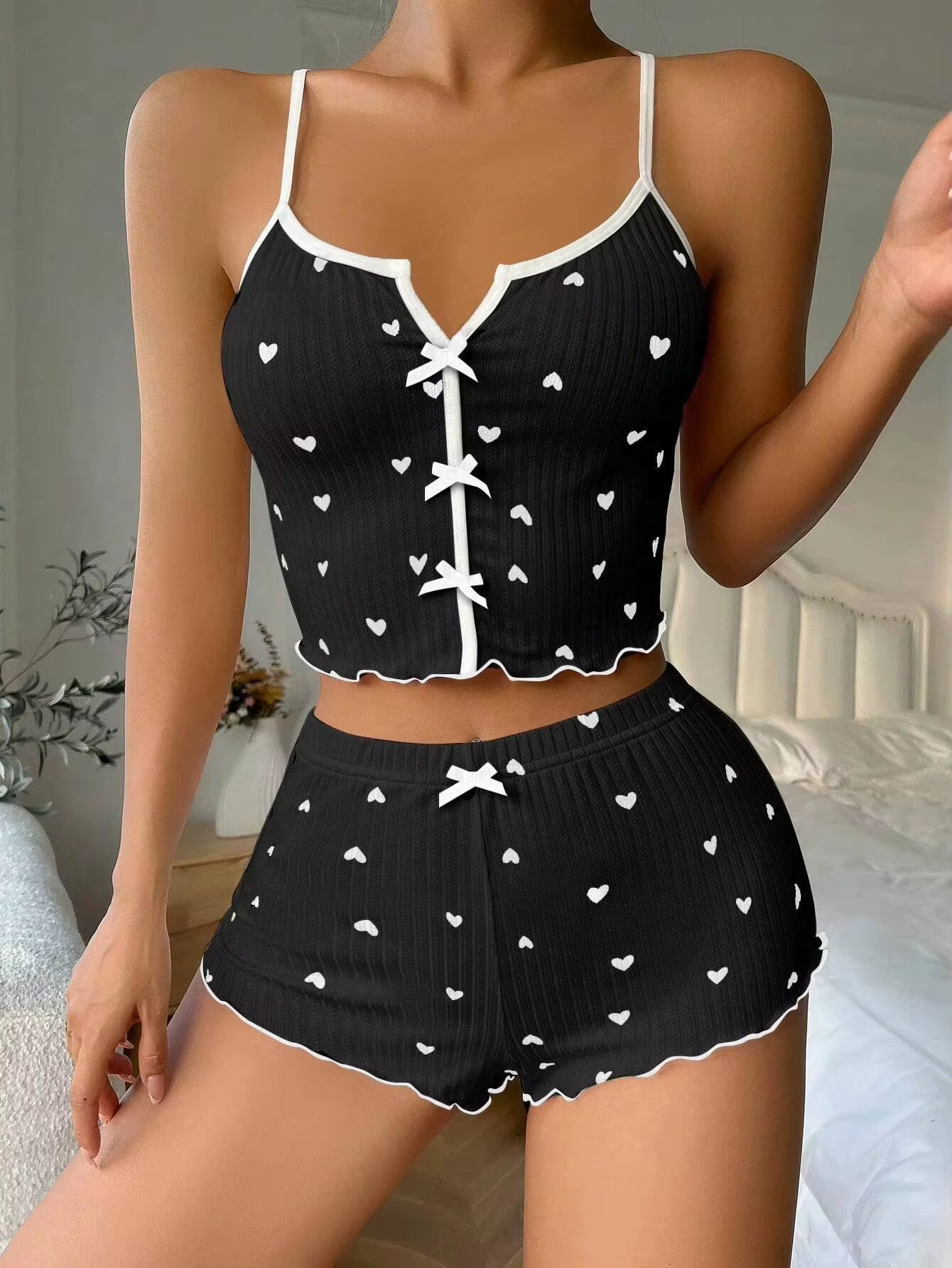 Women Cute Pajama Set Heart Print Lettuce Trim Bow Front Cami Top and Shorts Pj Set Soft Sleepwear