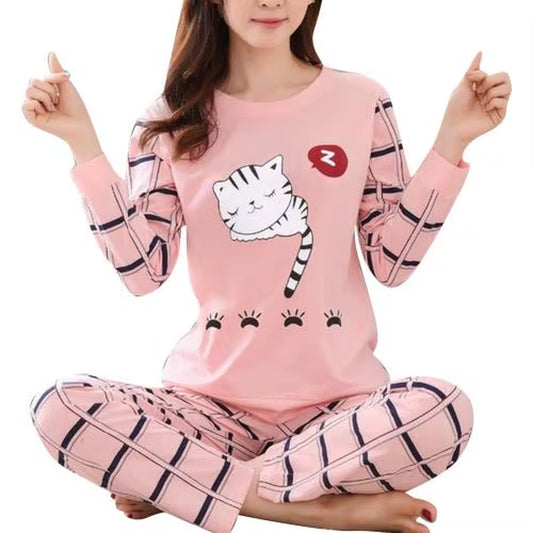 Autumn Thin 2Pieces Pyjamas Set for Women Cute Cartoon Cat Printcotton round Neck Girls Long Sleeve Full Sleepwear Clothess