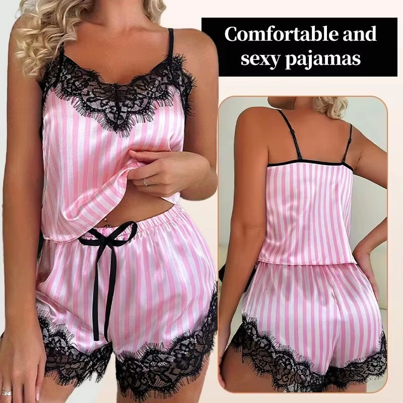 Two Piece Women'S V-Neck Sexy Lace Suspender Pajama Shorts Set Casual Women'S Sleeveless Sexy Pajama Set