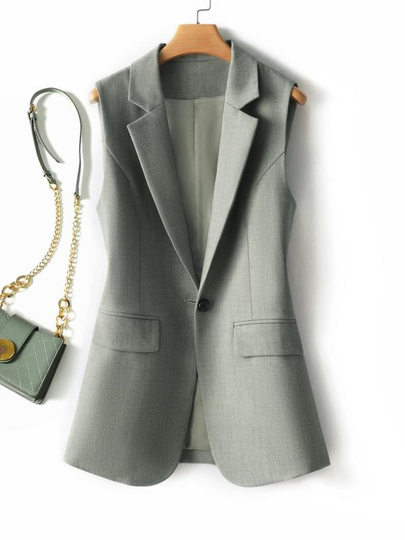 Women'S Solid Button Front Lapel Neck Vest Blazer, Minimalist Casual Pocket Design Waistcoat for Work Office Business, Ladies Spring & Fall Clothes