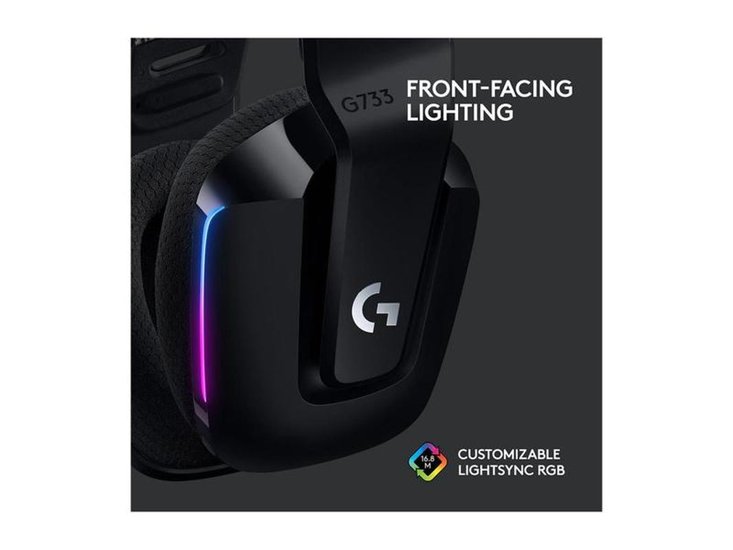 Logitech G733 Lightspeed Wireless Gaming Headset with Suspension Headband, Lightsync RGB, Blue VO!CE Mic Technology and PRO-G Audio Drivers - Black Headphone Earphones Memory Electronic