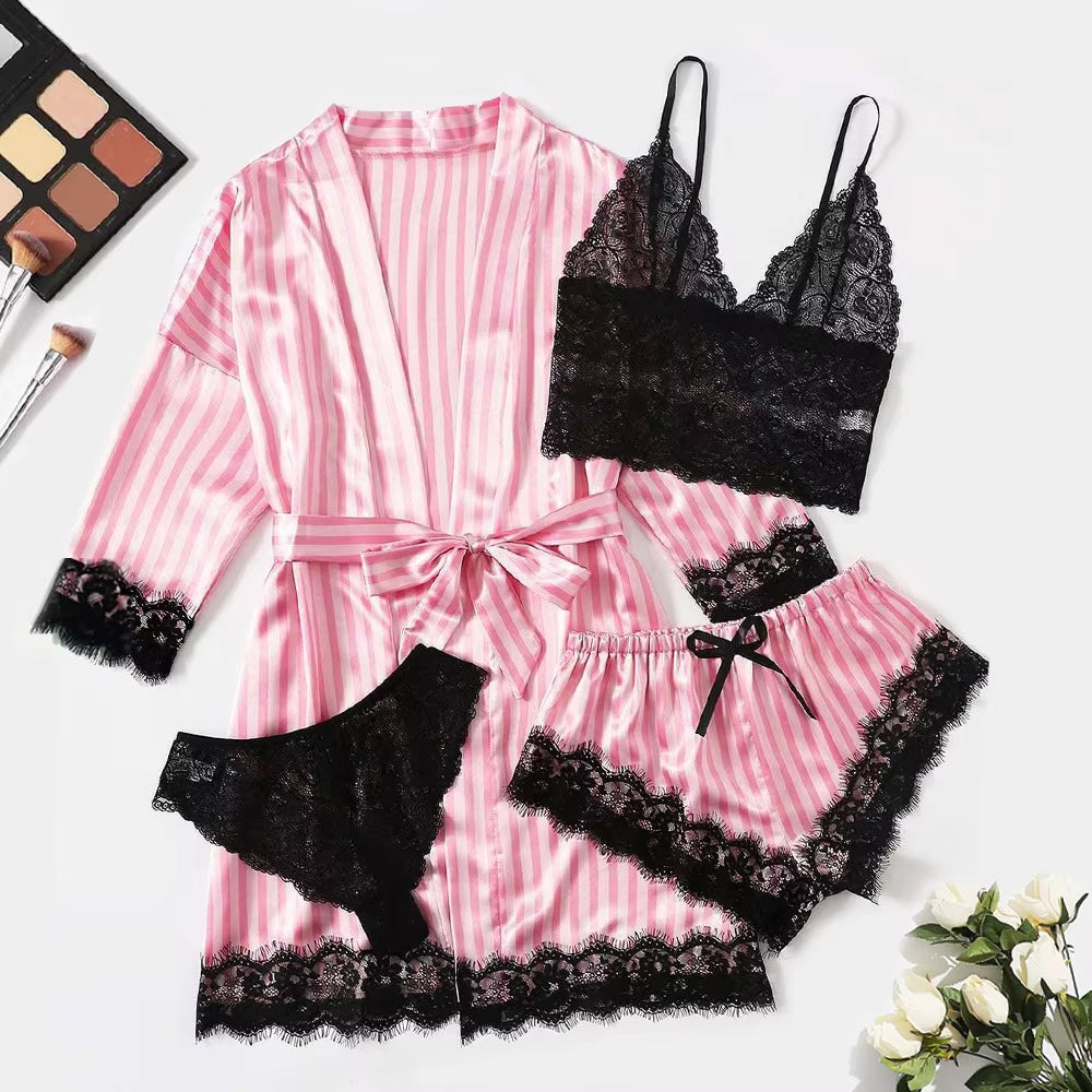 Women Fashion Pajama Print Sexy Lace Trim Faux Silk Satin Pajama Set Gown Skin Friendly Comfort Loungewear Sexy Pajamas