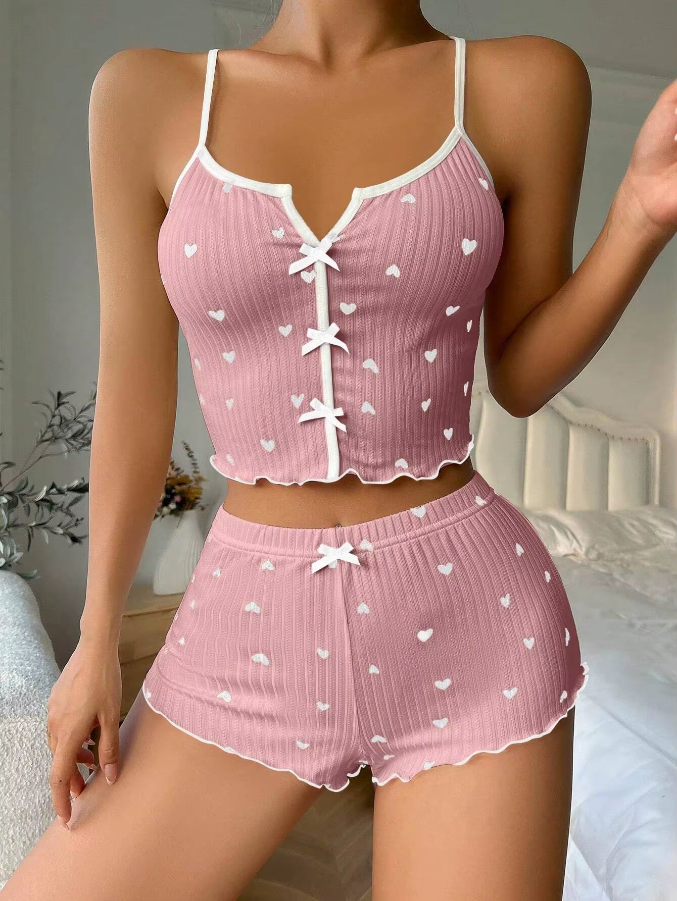 Women Cute Pajama Set Heart Print Lettuce Trim Bow Front Cami Top and Shorts Pj Set Soft Sleepwear