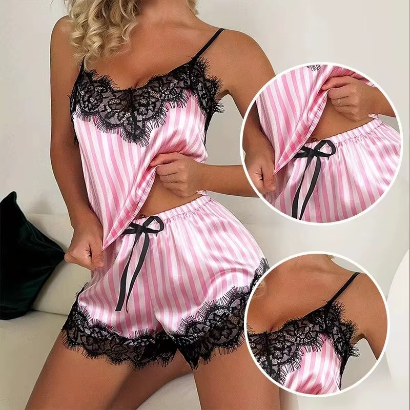 Two Piece Women'S V-Neck Sexy Lace Suspender Pajama Shorts Set Casual Women'S Sleeveless Sexy Pajama Set